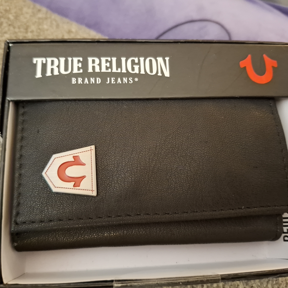True Religion Black Key Card Holder with Iconic Design